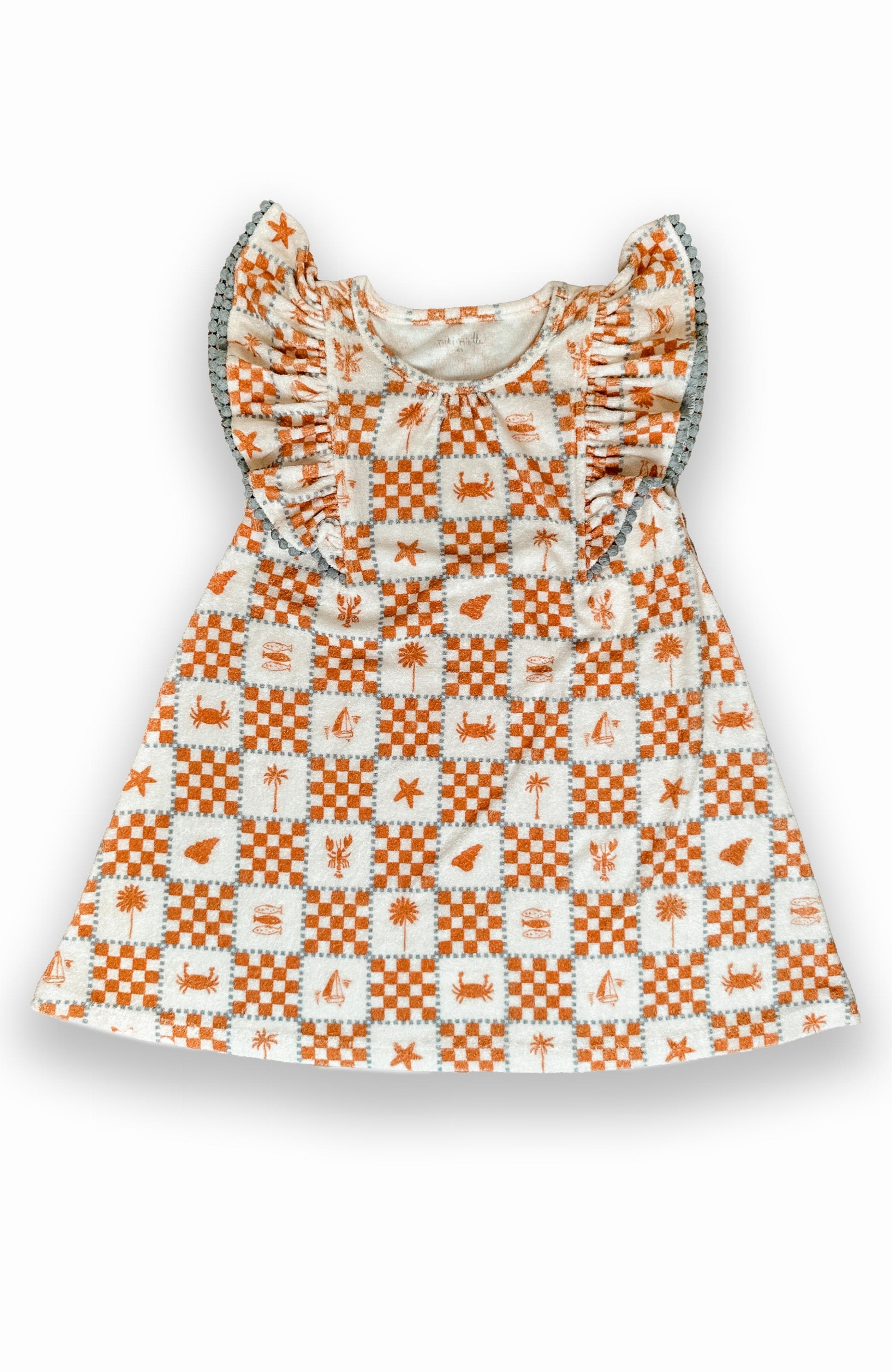 Miki Miette girl's dress with ruffled neckline on a white background