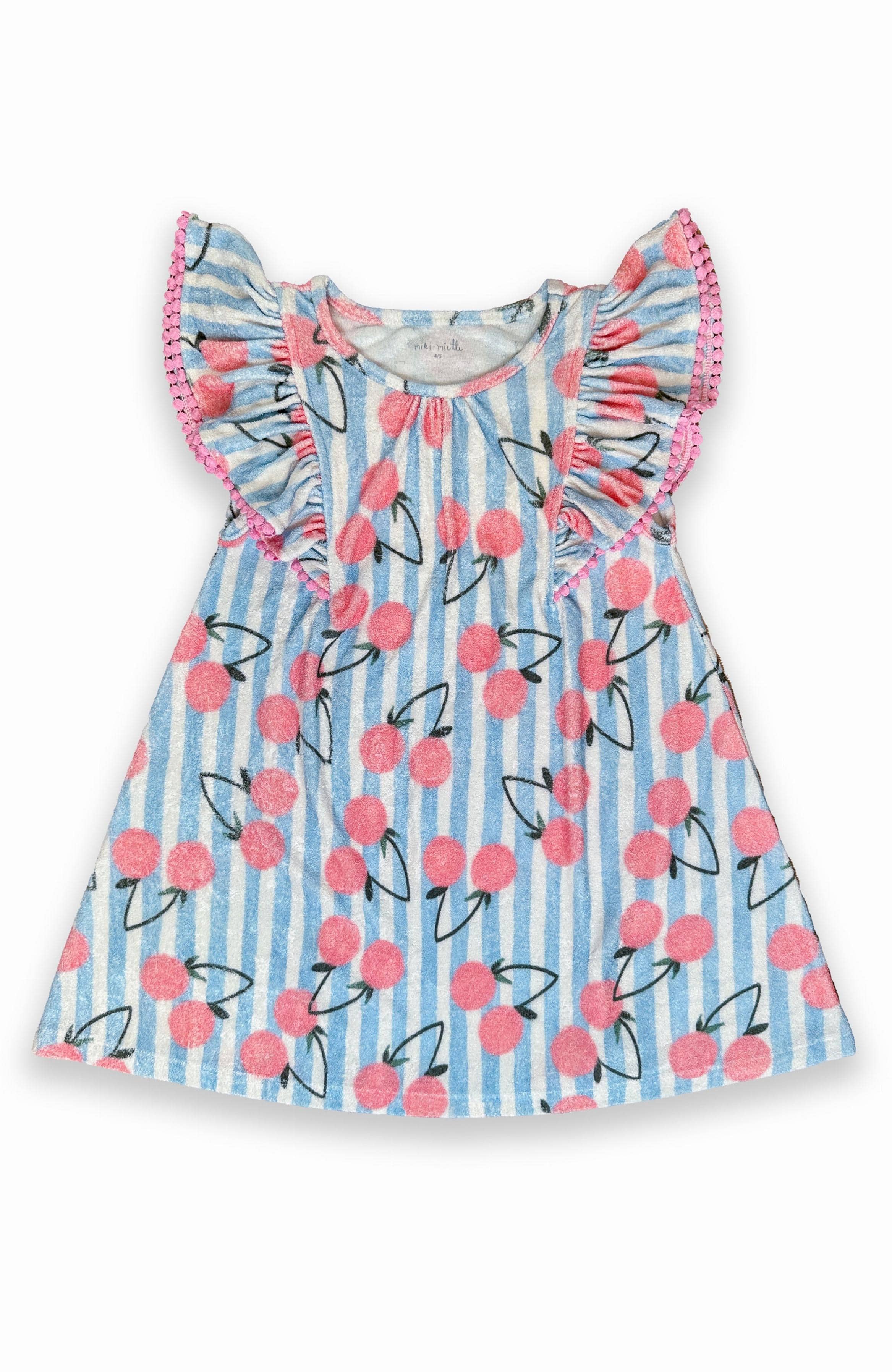 Miki Miette girls dress with cherry pattern with a blue and white print