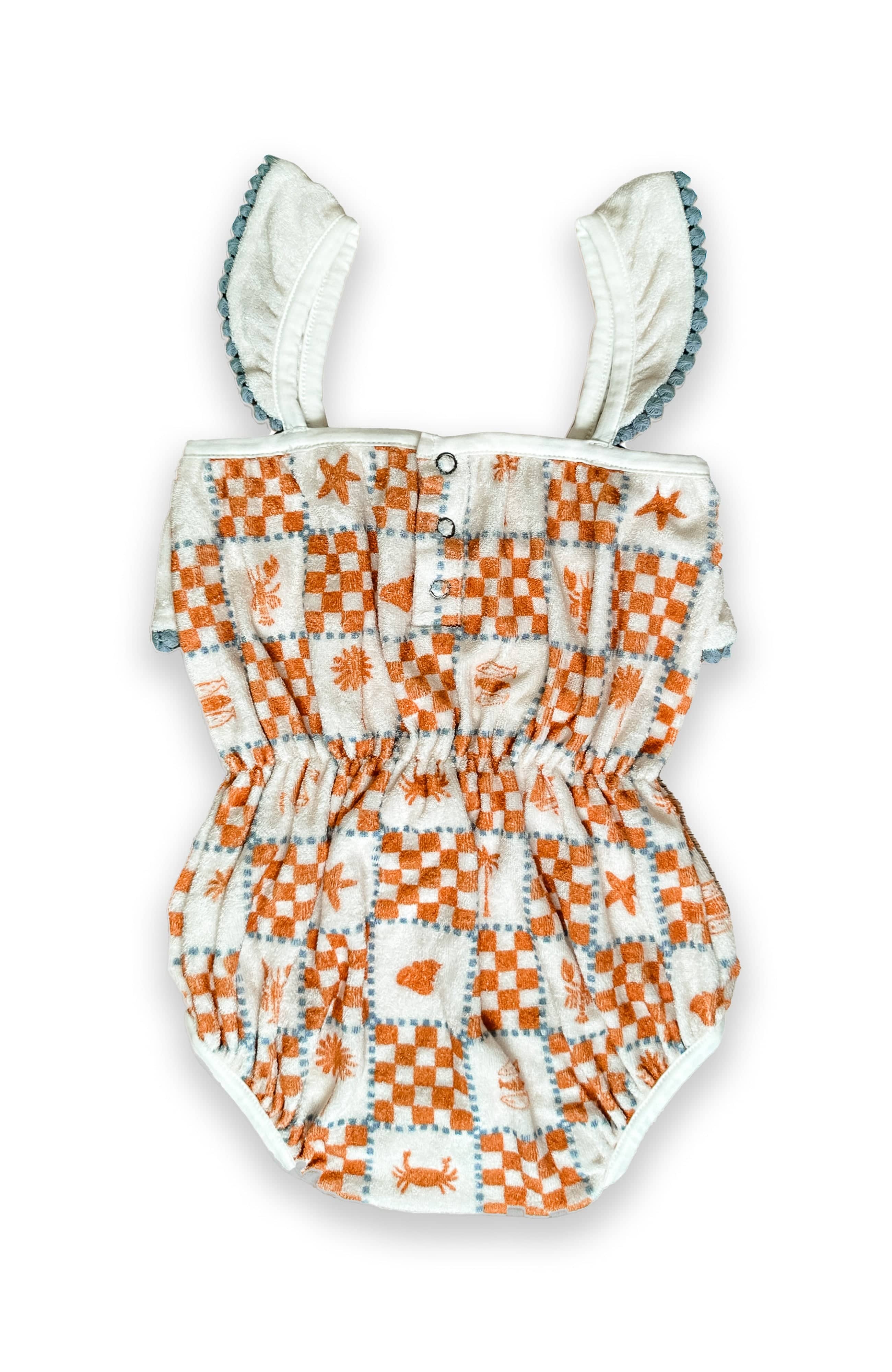 Miki Miette baby romper with orange and white checkered pattern on a white background