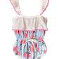 Miki Miette baby romper with pink cherry and blue stripe pattern on a white background