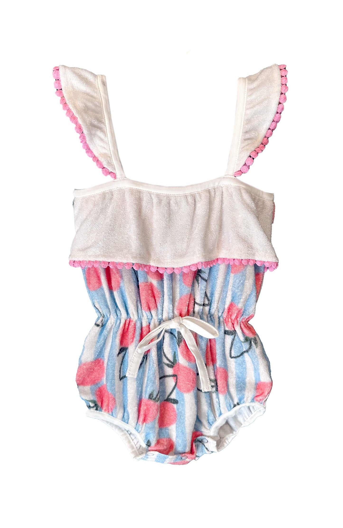 Miki Miette baby romper with pink cherry and blue stripe pattern on a white background