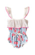 Miki Miette baby romper with pink cherry and blue stripe pattern on a white background