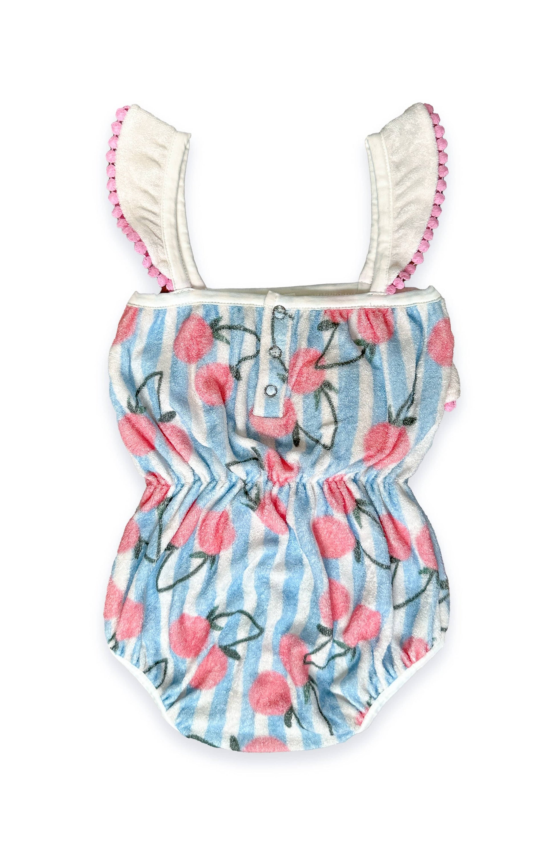 Miki Miette baby romper back view with cherry and stripe pattern on a white background