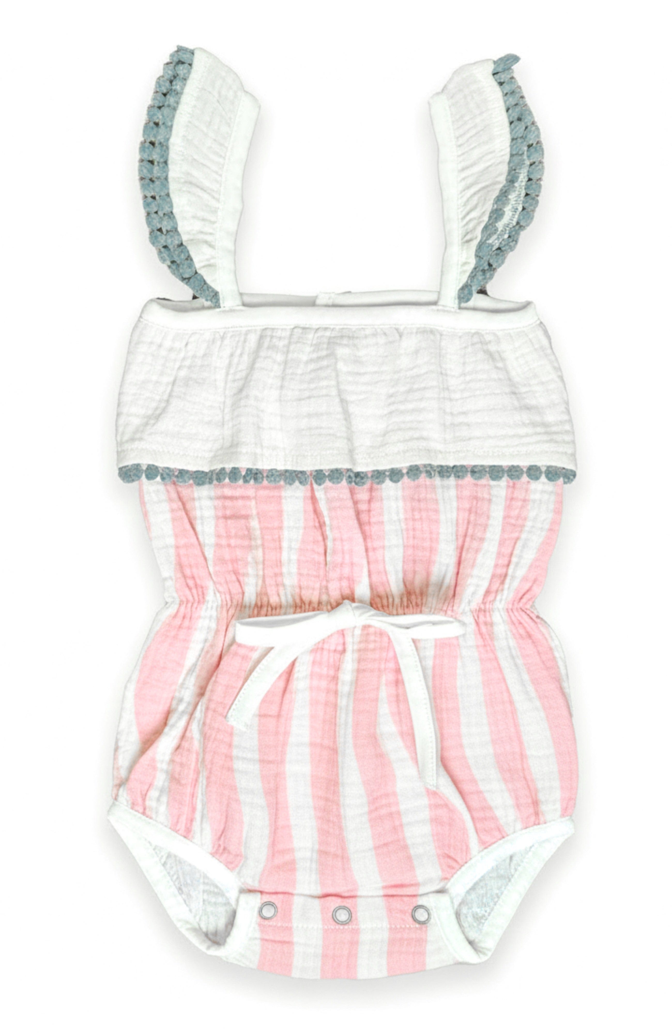 Pink and white striped baby girls romper with ruffled trim on a white background