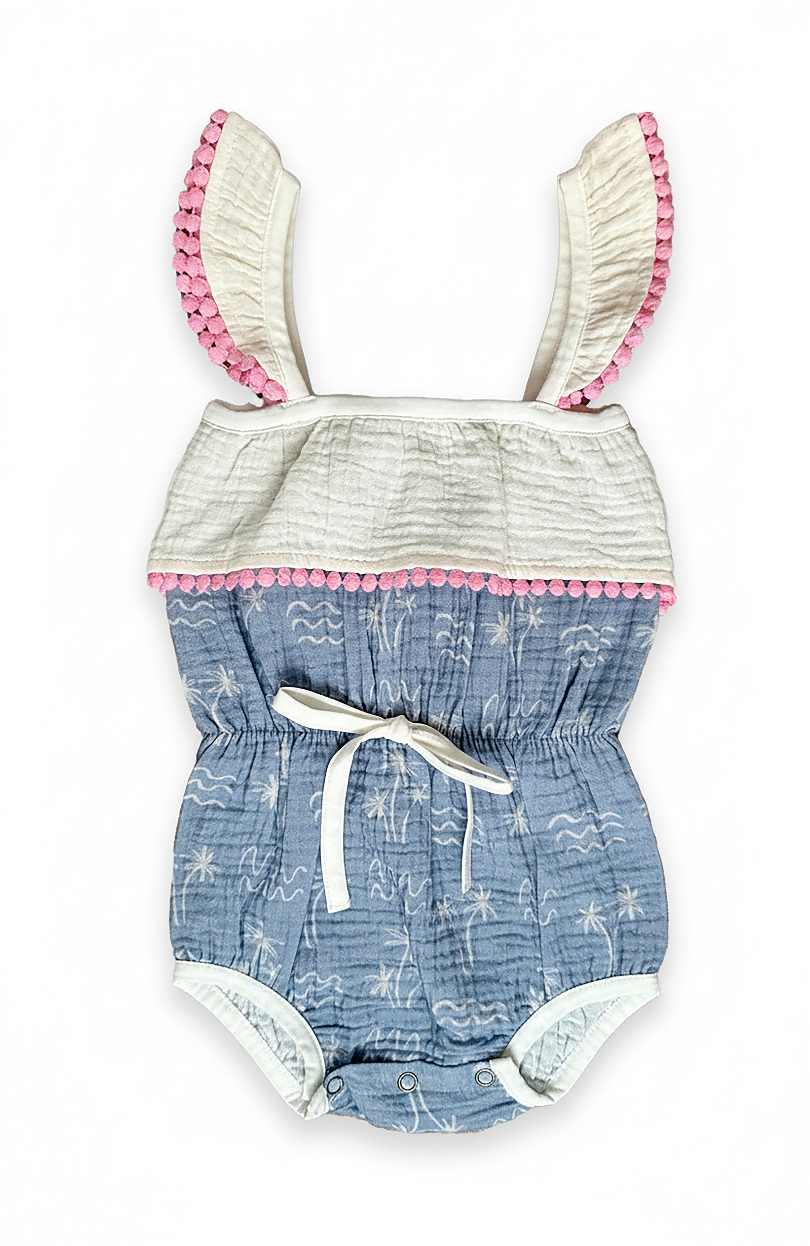 Children's romper with striped top and blue denim bottom on a white background