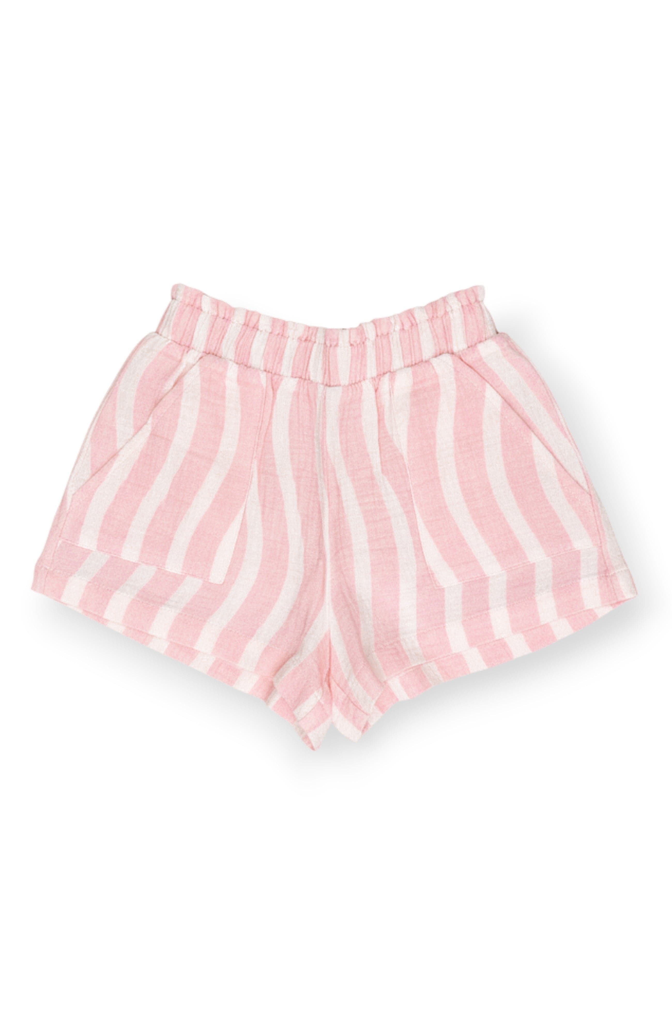 Miki Miette pink and white striped shorts on a white background