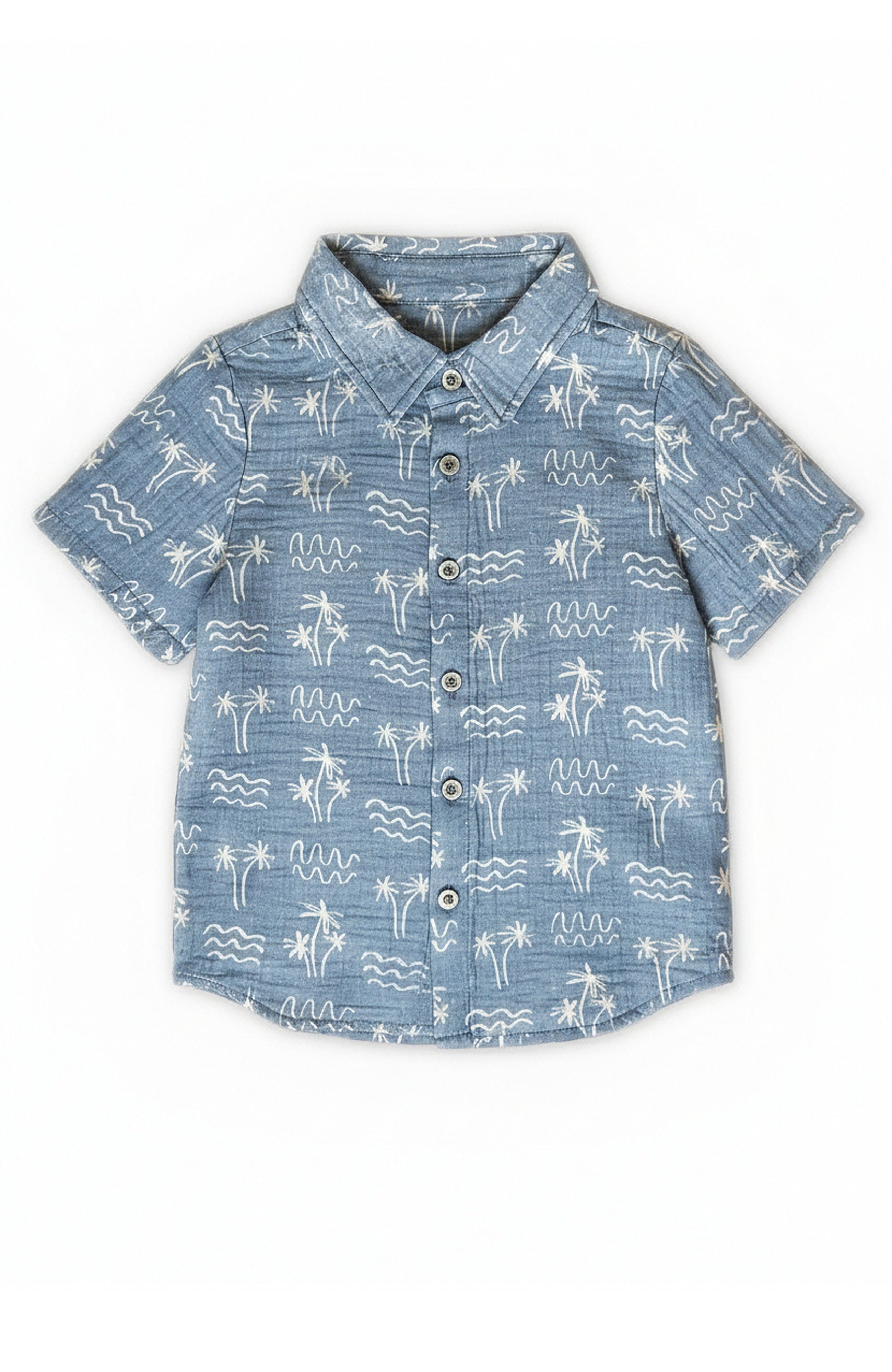 Miki Miette blue wave and palm tree patterned cotton gauze shirt with white buttons on a white background
