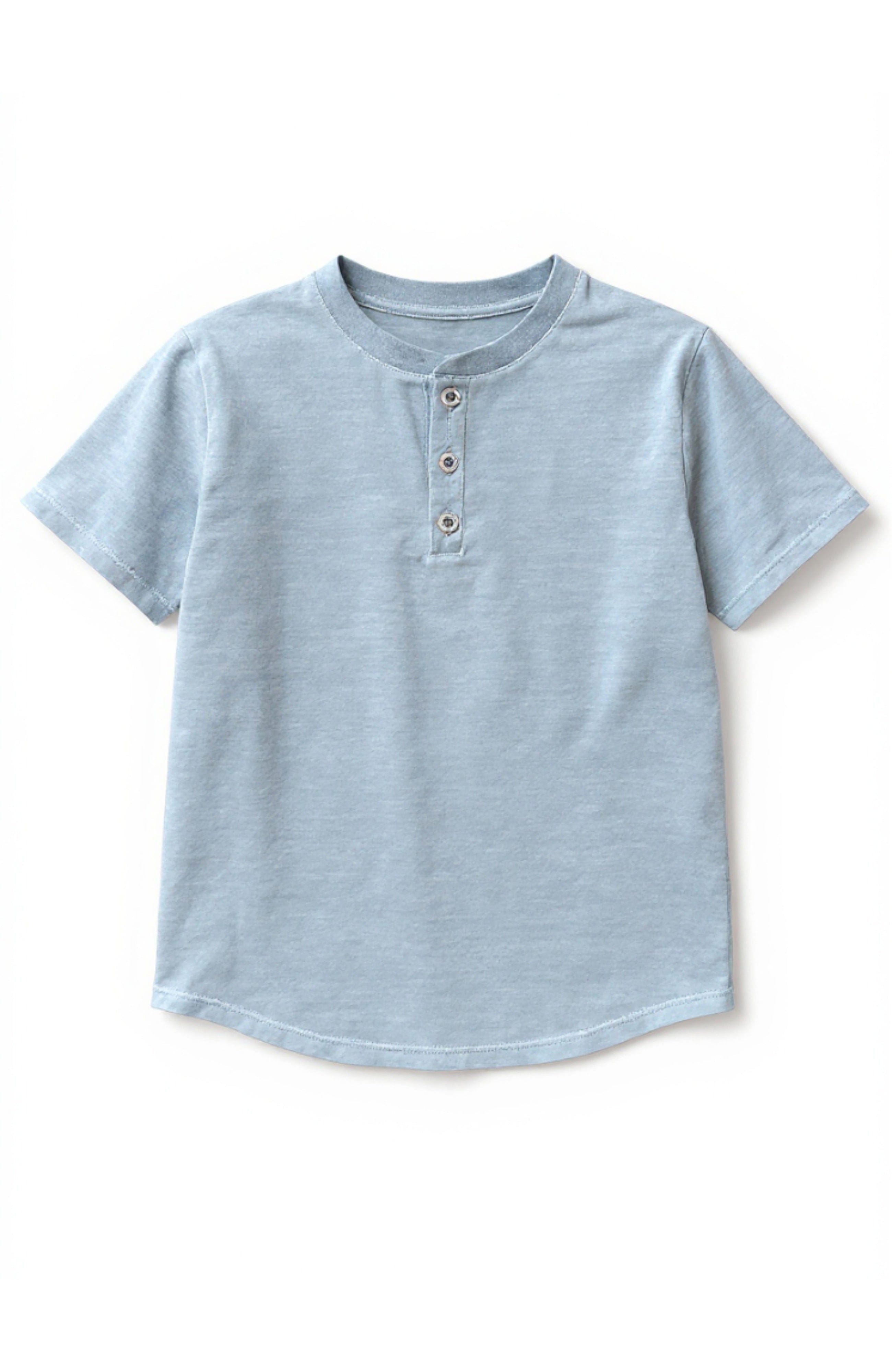 Miki Miette solid light blue henley shirt on a white background