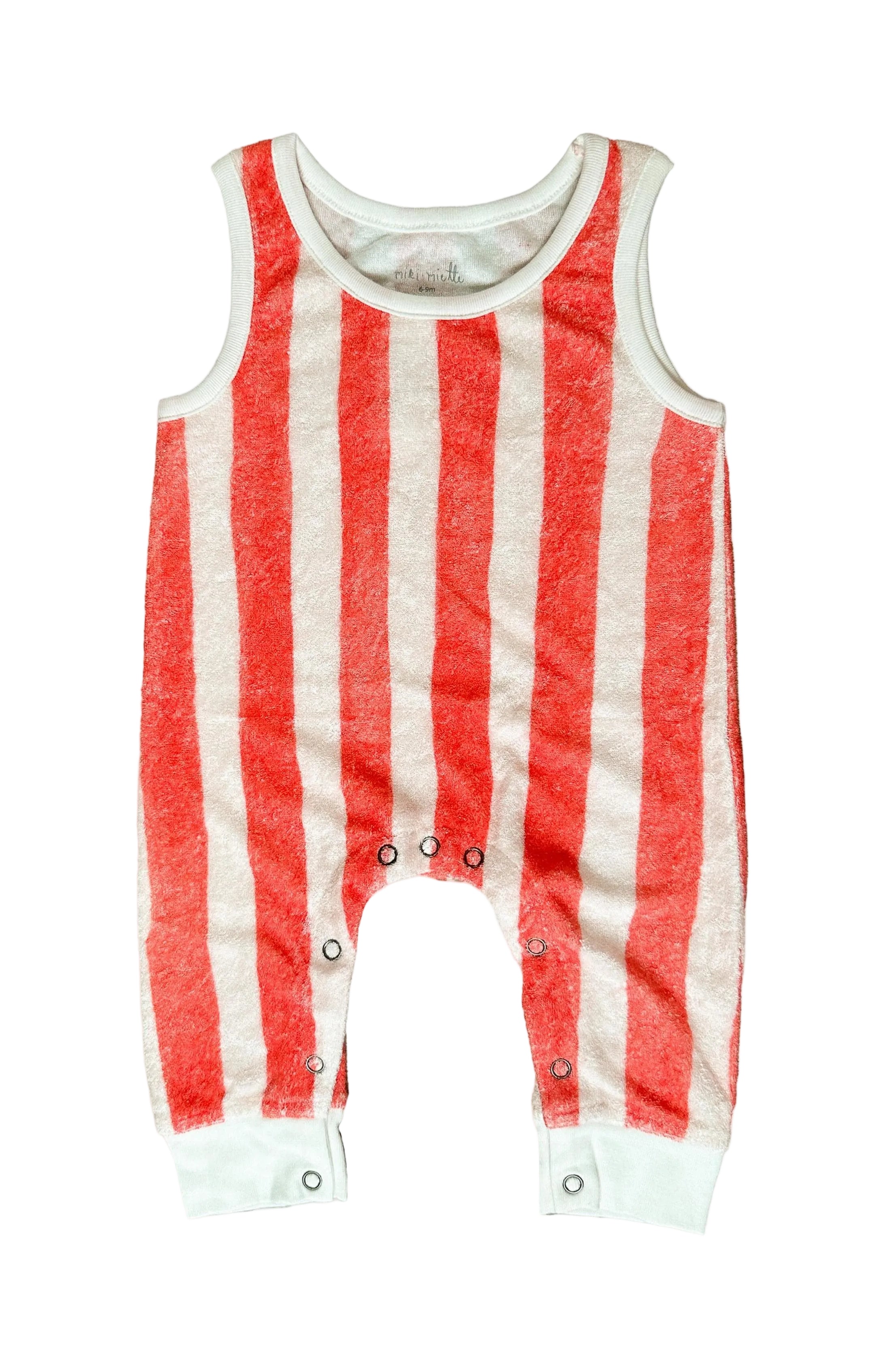 Red and white striped baby romper on a white background