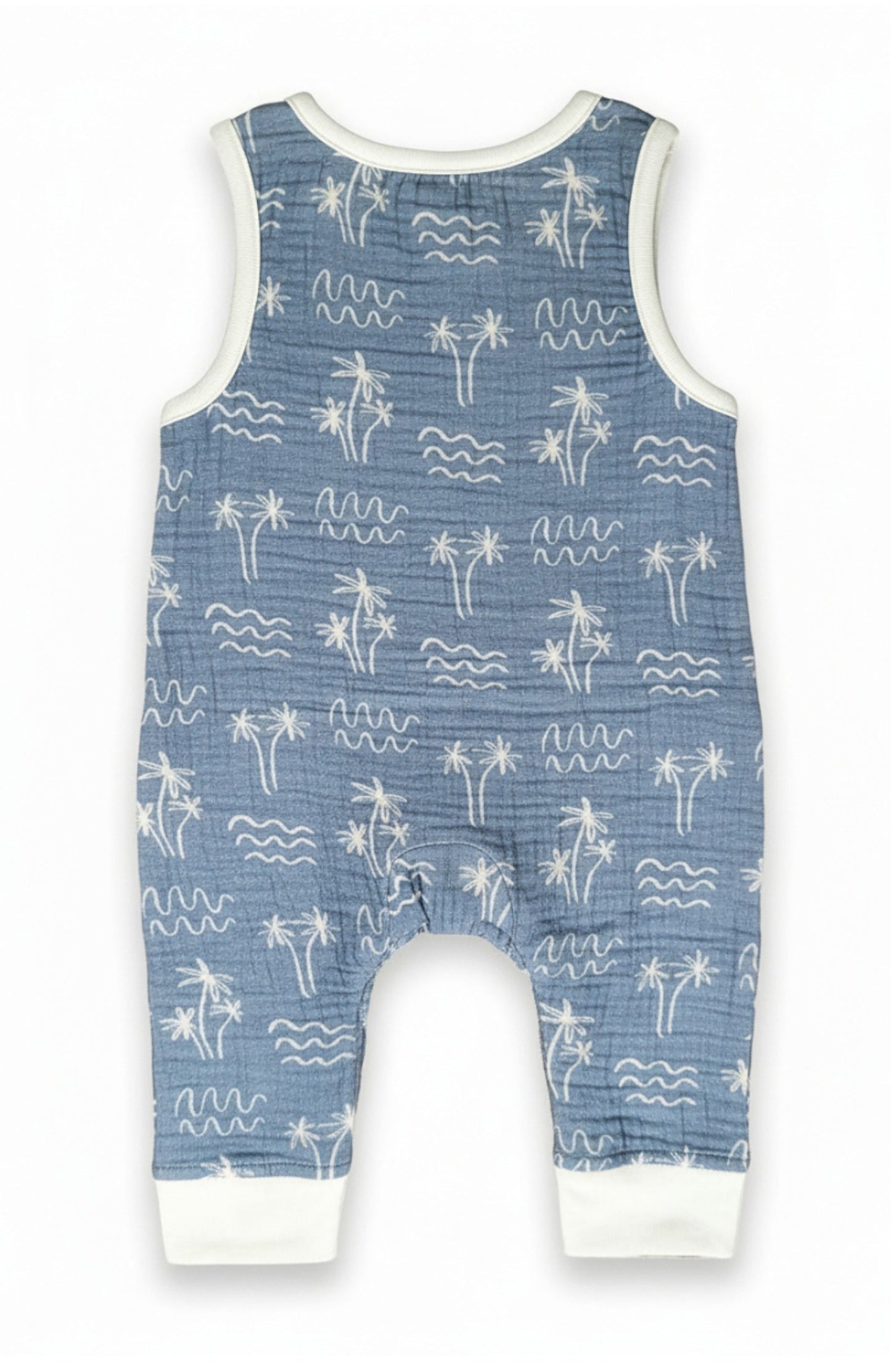 Miki Miette blue cotton gauze boys baby romper with white palm tree and wave pattern on a white background back view