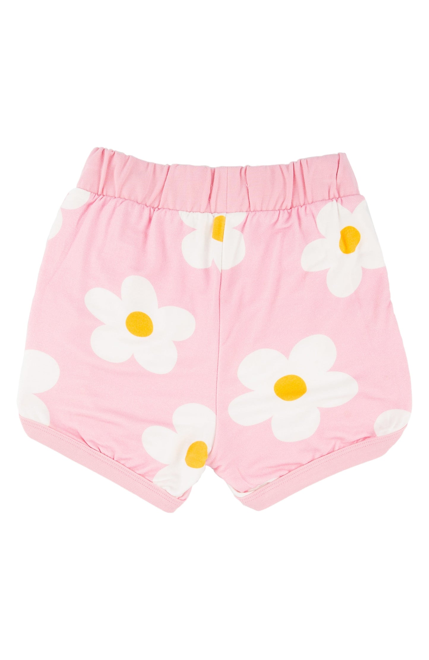 Pink shorts with white daisy flowers on a white background