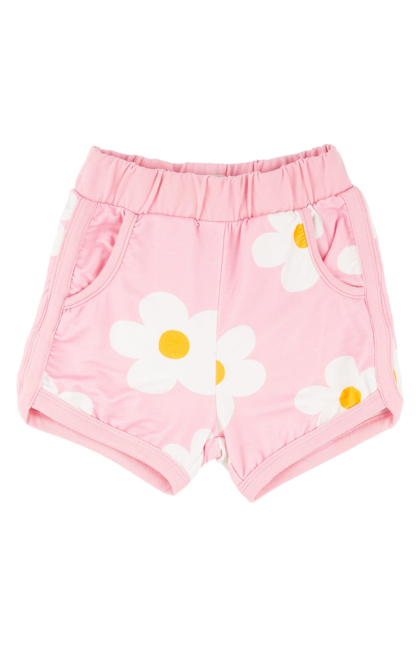Pink shorts with white daisy flowers on a white background