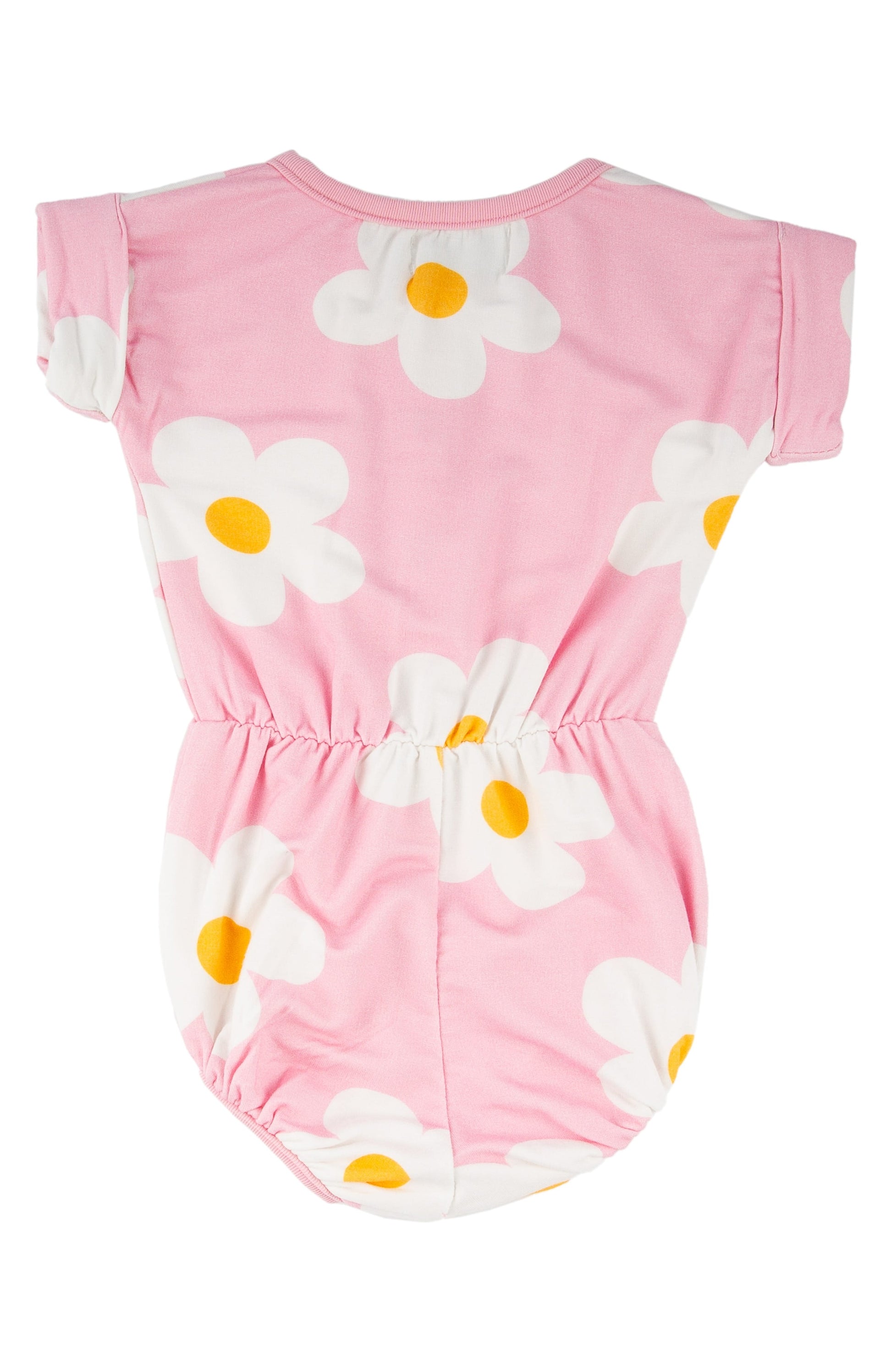 Pink romper with daisy flower patterns on a white background
