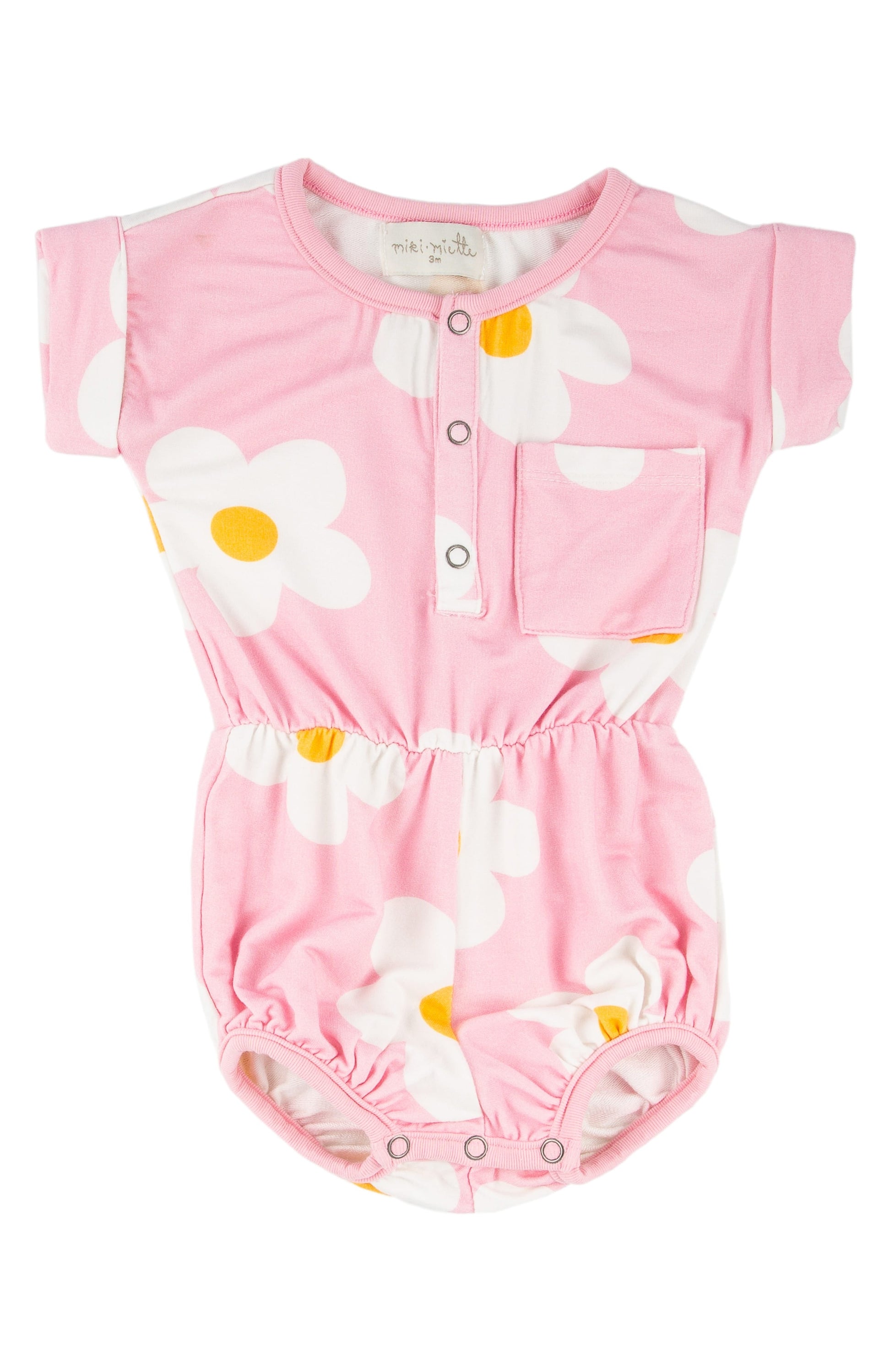 Pink baby romper with daisy flower pattern on a white background