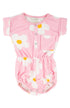 Pink baby romper with daisy flower pattern on a white background