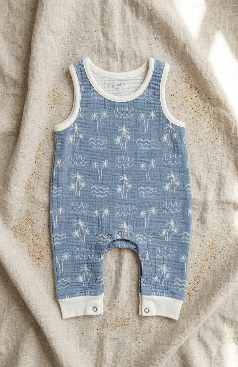 Miki Miette baby romper with blue and white palm tree pattern on a textured fabric background