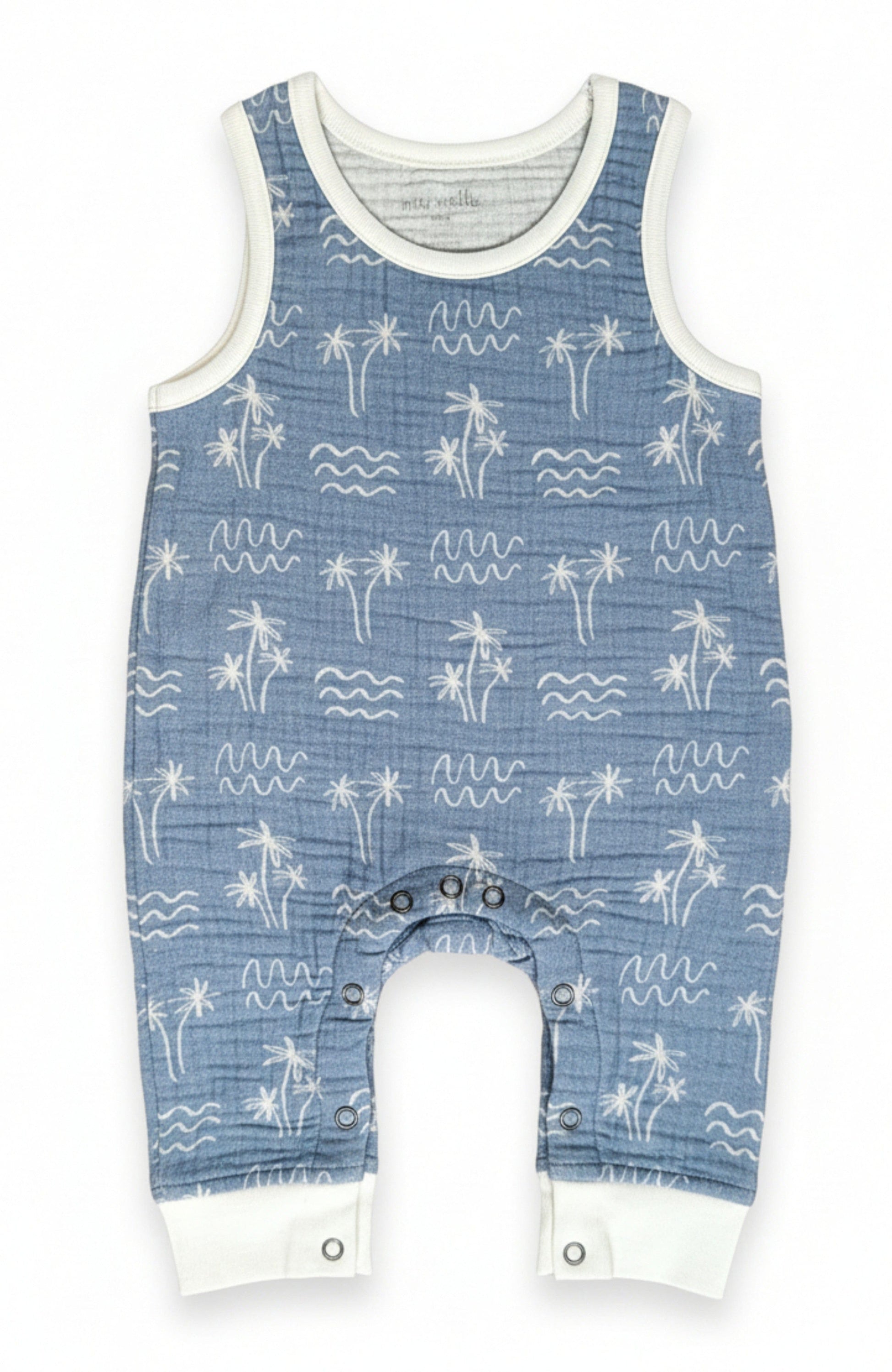Miki Miette blue cotton gauze boys baby romper with white palm tree and wave pattern on a white background