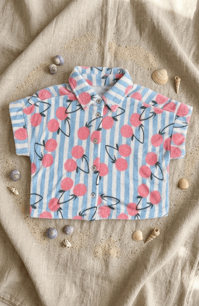 Miki Miette girls loop terry buttondown shirt with blue and white stripe and pink cherry print