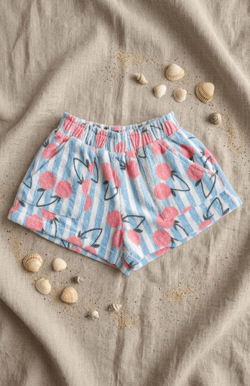 Miki Miette girls shorts with blue stripe and pink cherry print