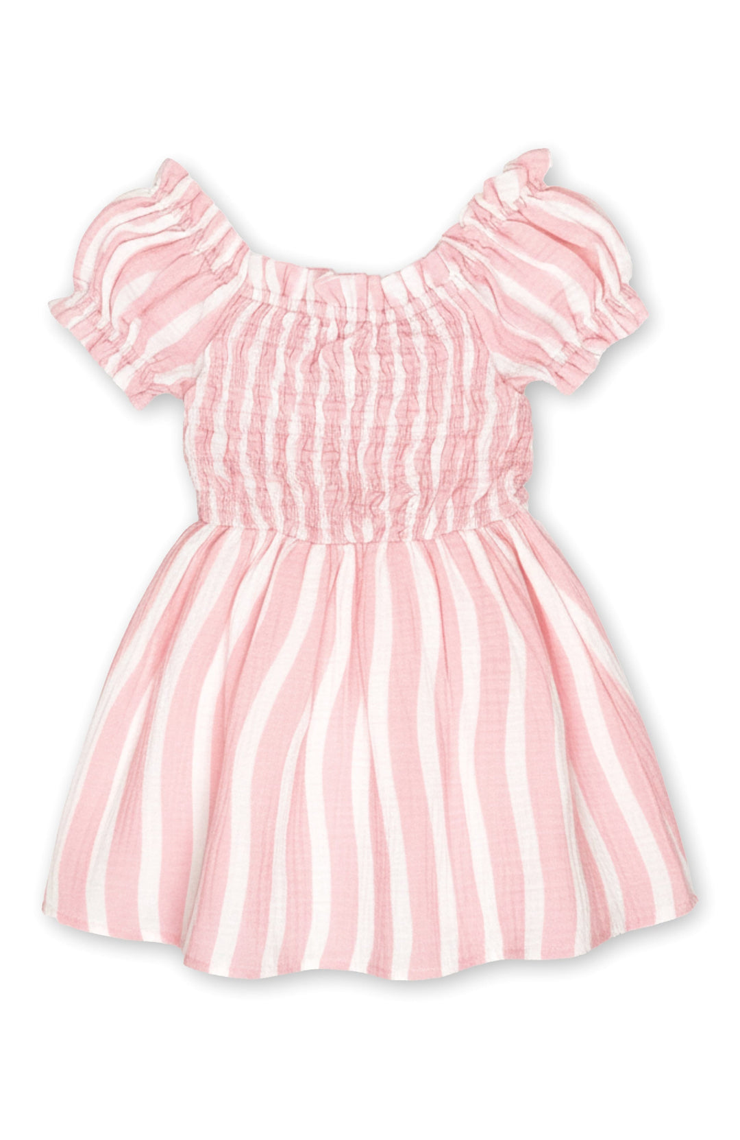 Miki Miette pink and white striped cotton gauze smocked dress on a white background