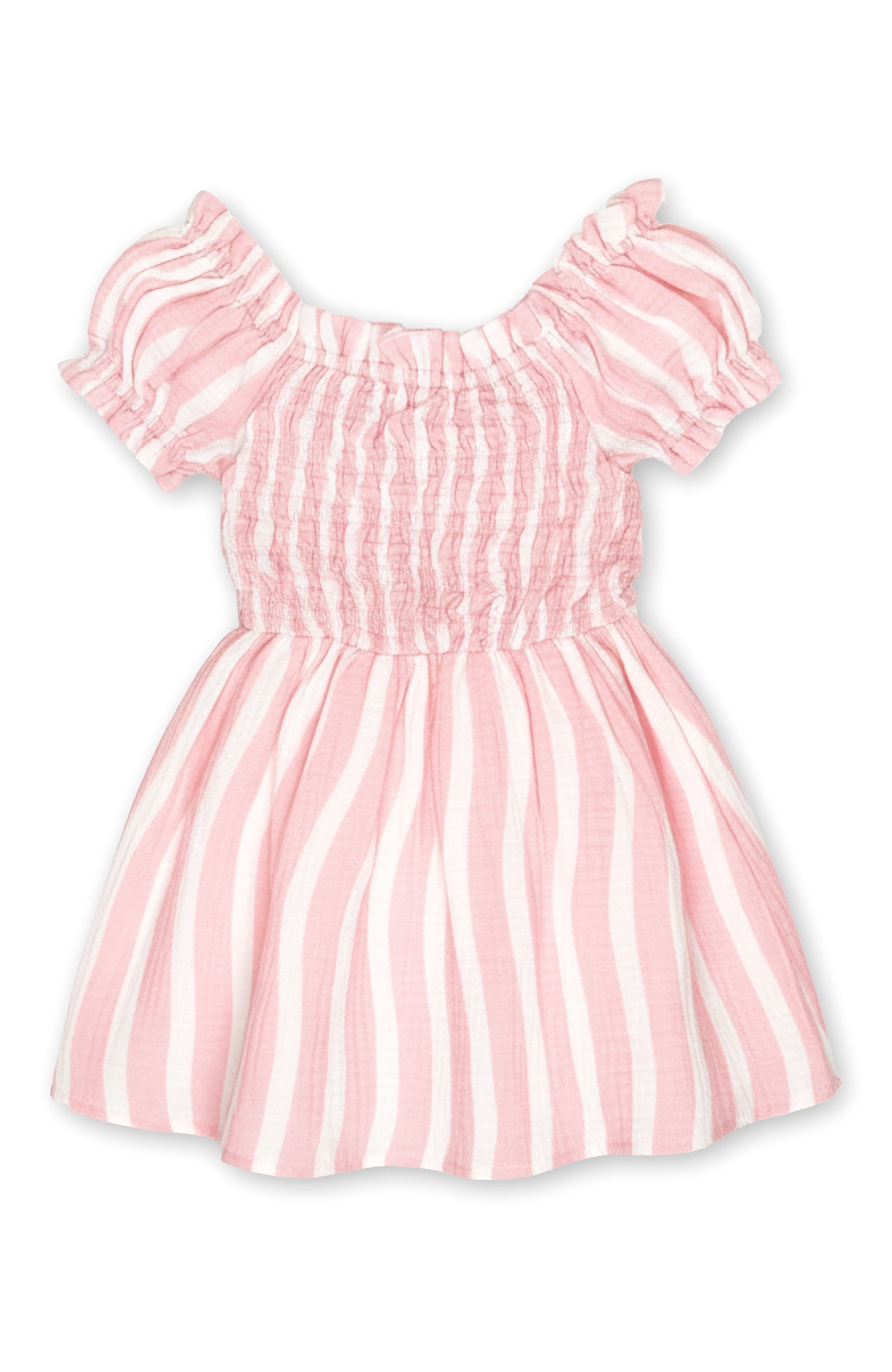 Miki Miette pink and white striped cotton gauze smocked dress on a white background