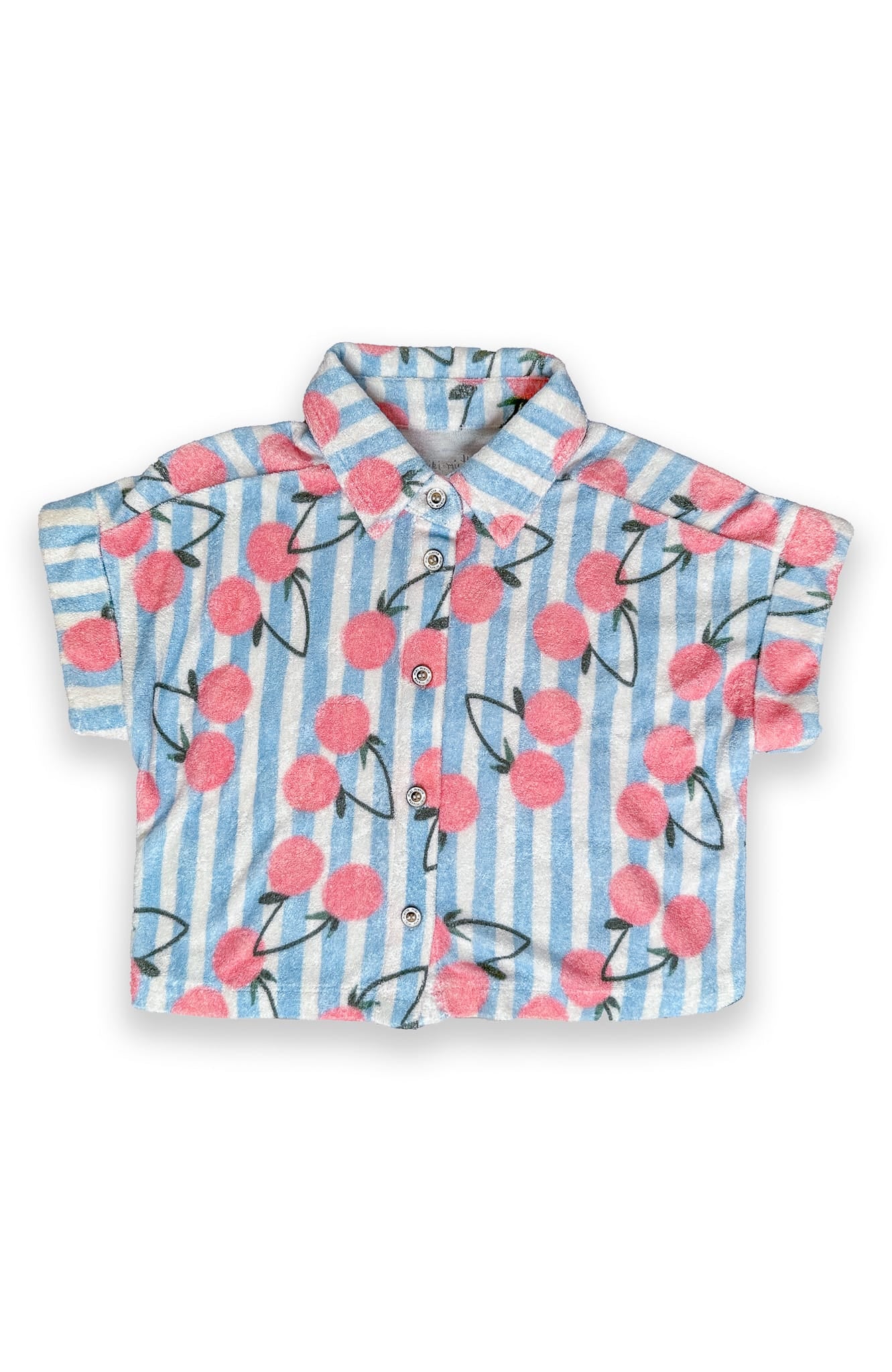 Miki Miette girls buttondown shirt with blue stripe and pink cherry print