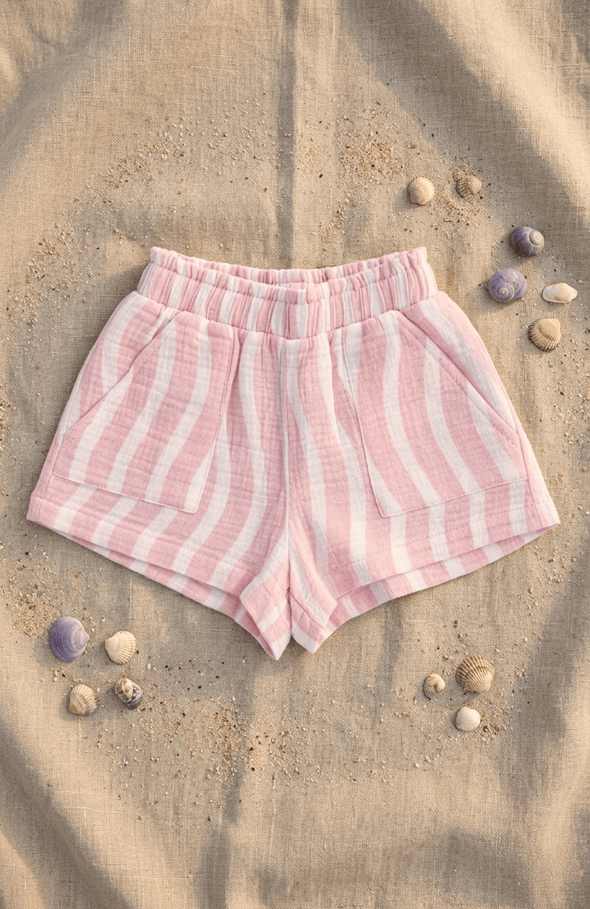 Miki Miette Pink and white striped shorts on a sandy surface with seashells.
