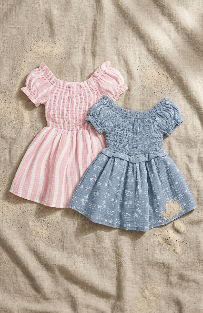 Miki Miette smocked girls dresses, one pink stripe and the other blue palm tree and wave print, both cotton cauze
