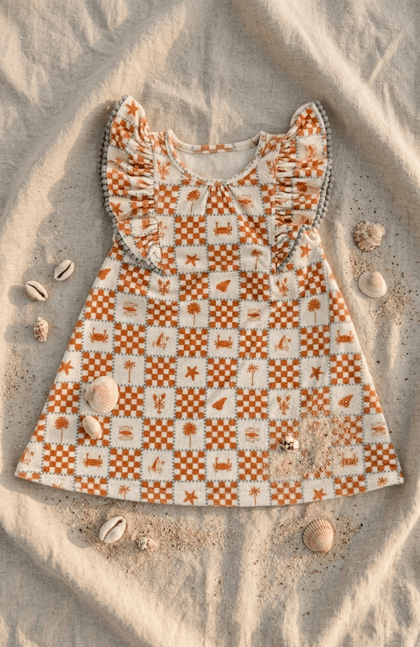 Miki Miette Seminyak Collection A-line mid length dress with orange brown checkerboard beachy print and shoulder ruffles with blue pom pom trim