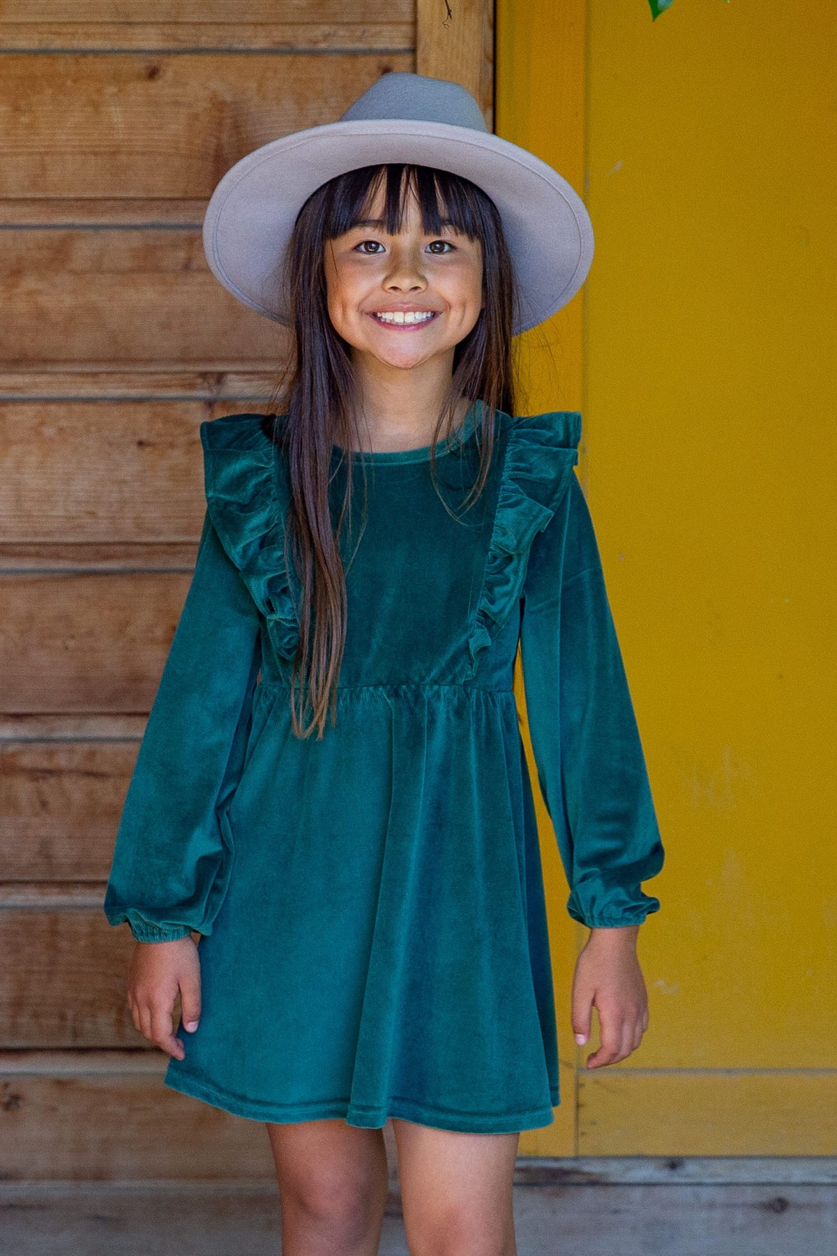 Girls Pine Stretch Corduroy Carina Ruffle Dress